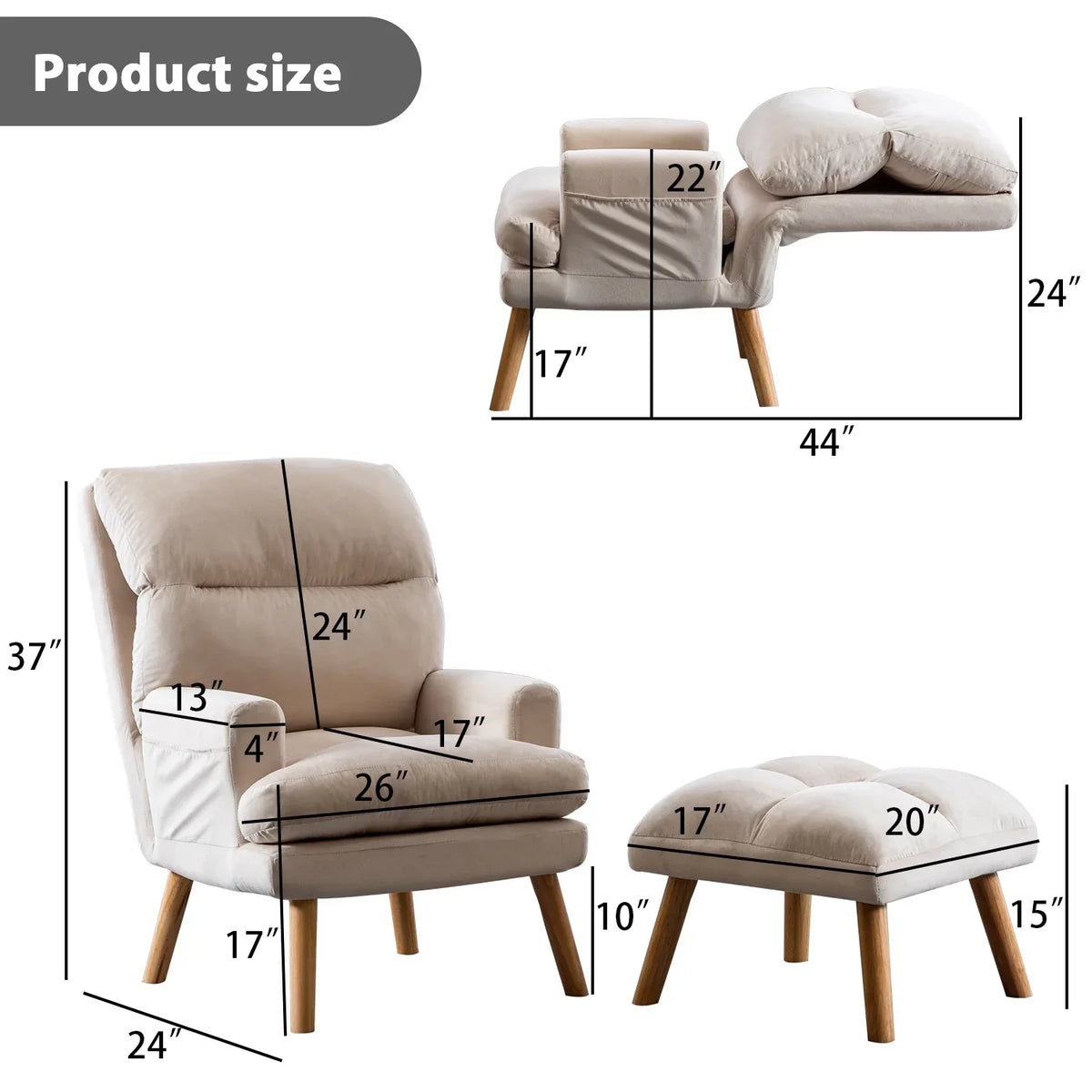 Nouveauté 2026 – Fauteuil d'appoint réglable Betier avec repose-pieds, fauteuil en velours pour chambre ou salon, fauteuil lounge confortable avec dossier rembourré et poche latérale, fauteuil de lecture moelleux, beige