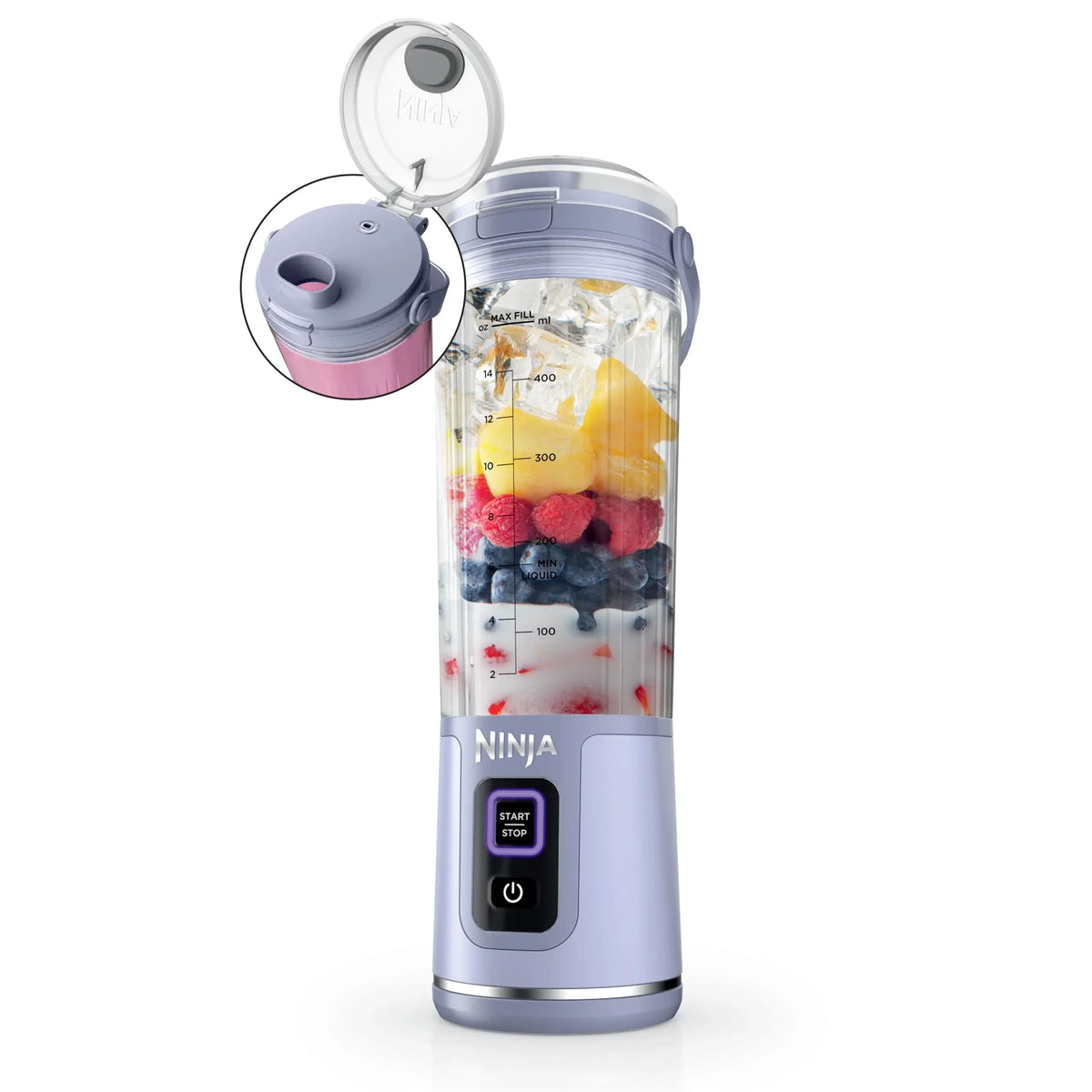 Nouveauté 2026 – Blender portable Ninja Blast , sans fil, bol de 532 ml (18 oz), blender individuel pour milkshakes et smoothies, sans BPA, couvercle étanche et bec verseur, rechargeable par USB-C, pièces compatibles lave-vaisselle, violet métallisé