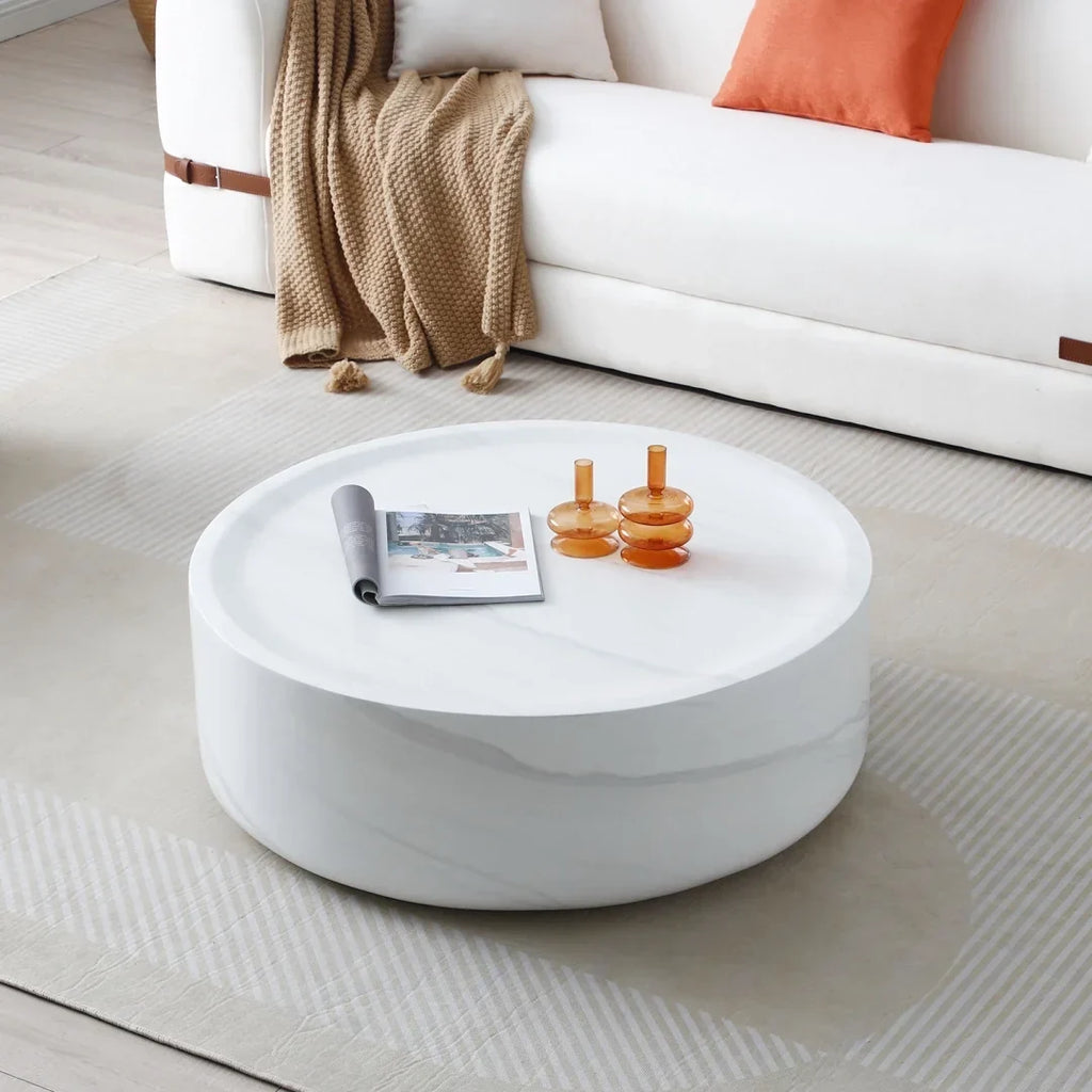 Nouveauté 2026 – Table basse ronde 31,49'' avec texture marbre, table basse circulaire moderne en fibre de verre, table d'appoint pour salon ou extérieur, livrée montée, finition marbre
