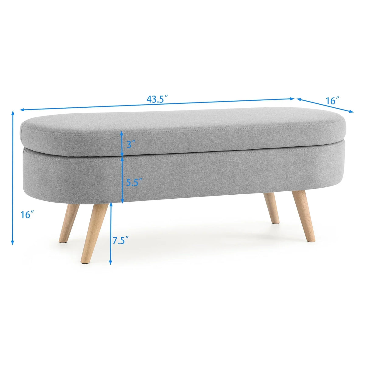 Nouveauté 2026 – Nouveau banc ottoman de rangement ovale de 110 cm (43,5 po) avec pieds en bois massif, revêtement en lin, charnière de sécurité, idéal pour l'entrée ou comme banc d'intérieur au pied du lit, à côté d'un canapé ou dans une entrée