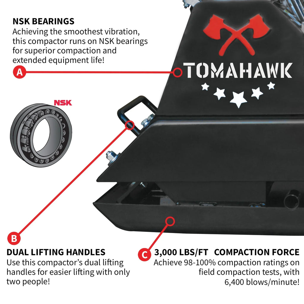 Nouveauté 2026 – Plaque vibrante Tomahawk Power , 5,5 CV, 3000 lb/pi, 63 cm³, essence, plaque de 17 x 13 po, 5900 VPM