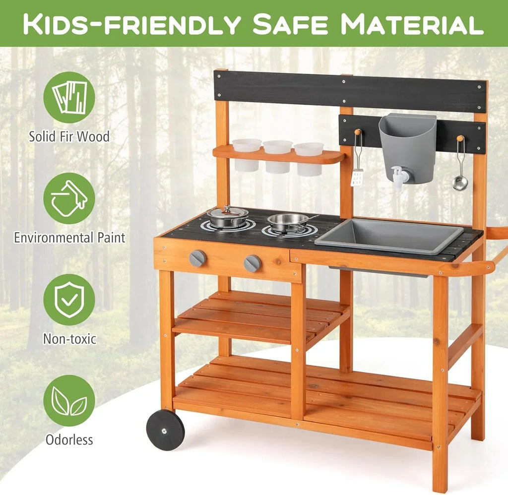 Nouveauté 2026 – Cuisine de boue OLAKIDS , cuisine de jeu d'extérieur sur roues avec 3 tasses, évier amovible et accessoires de cuisine en bois. Jouet idéal pour le jardin, cadeau pour les garçons et les filles à partir de 3 ans