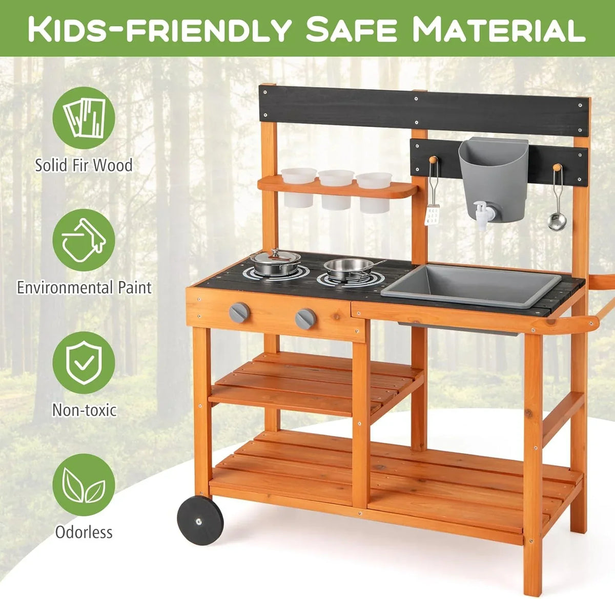 Nouveauté 2026 – Cuisine de boue OLAKIDS , cuisine de jeu d'extérieur sur roues avec 3 tasses, évier amovible et accessoires de cuisine en bois. Jouet idéal pour le jardin, cadeau pour les garçons et les filles à partir de 3 ans