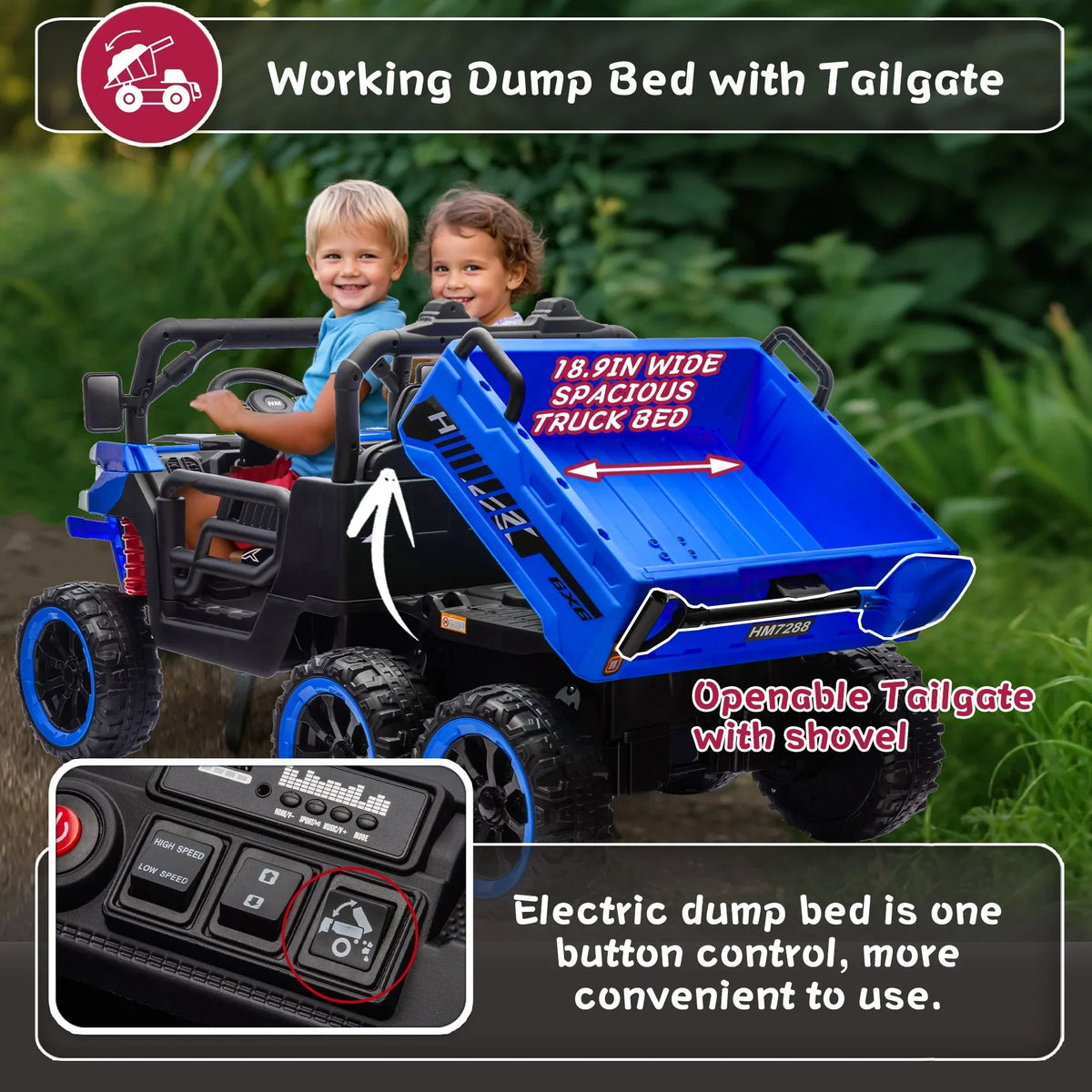 Nouveauté 2026 – Camion électrique Xuanlur 24V 2 places pour enfants , avec moteur 2x200W, benne basculante/pelle, pneus résistants, lumières LED, musique et télécommande, noir