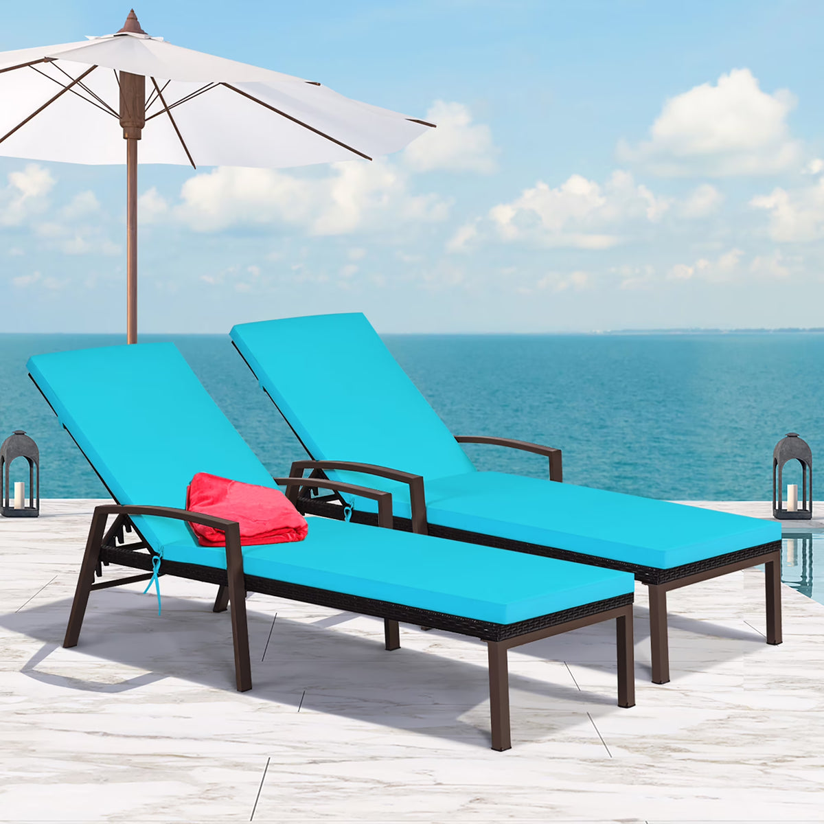 Nouveauté 2026 – Costway Lot de 2 chaises longues de patio en rotin, dossier inclinable, coussin réglable, rouge