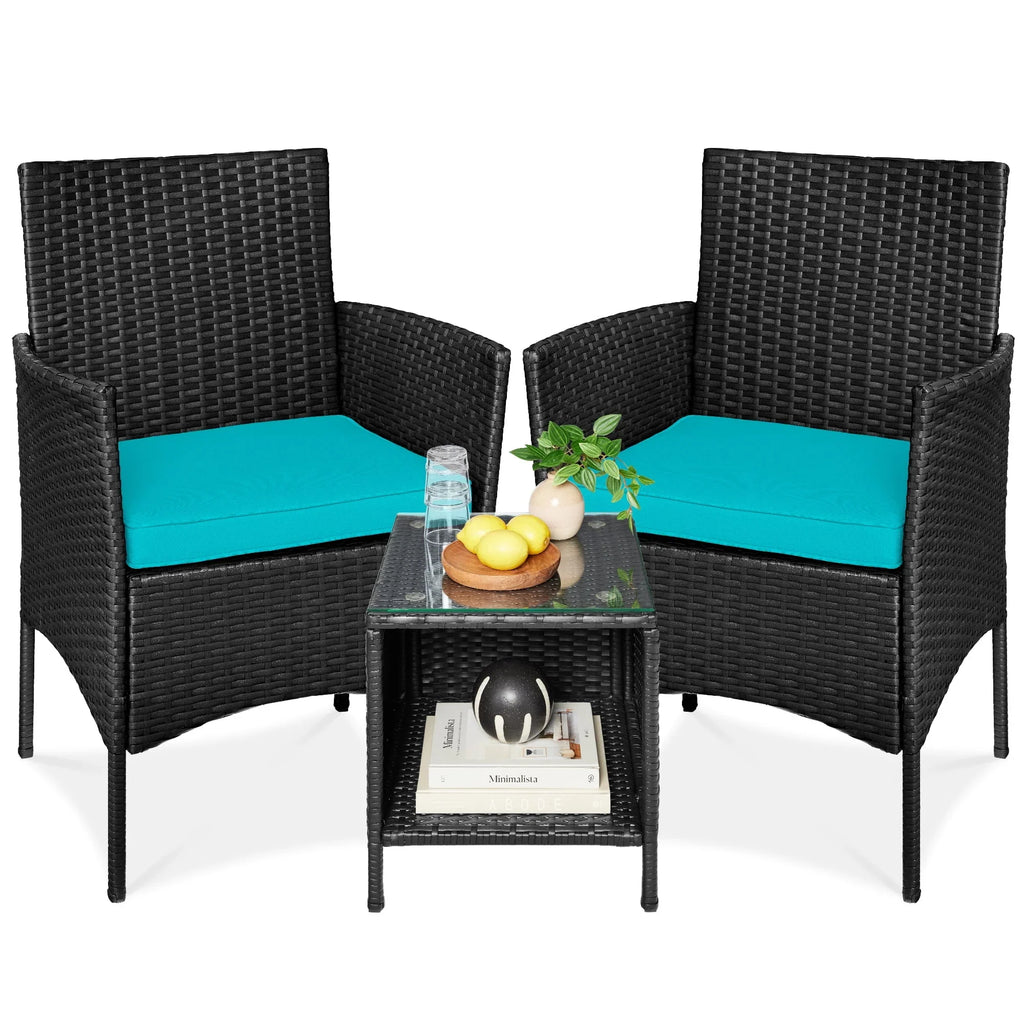 Nouveauté 2026 – Ensemble bistro de jardin 3 pièces en résine tressée Best Choice Products , avec 2 chaises et une table - Gris/Bleu marine