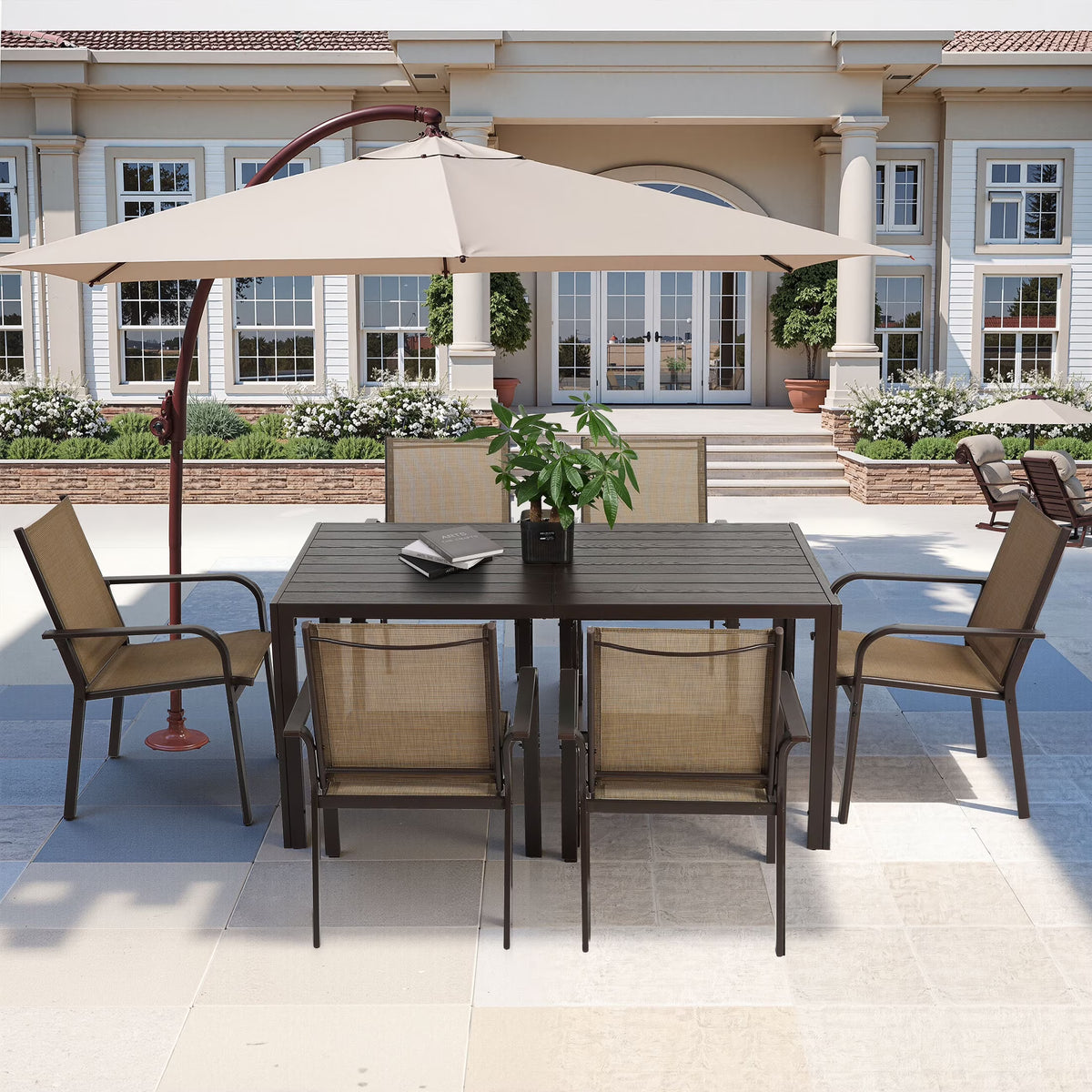 Nouveauté 2026 – Ensemble de salle à manger d'extérieur 7 pièces , comprenant une table et des chaises pour 6 personnes, un plateau en plastique imitation bois et un mobilier de jardin en textilène. Idéal pour terrasse ou patio