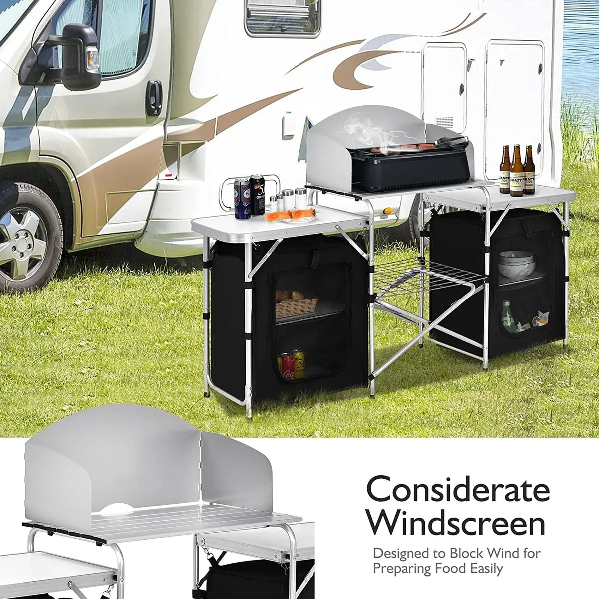 Nouveauté 2026 – Table de cuisine de camping Camping avec rangement, table de cuisson extérieure portable en aluminium avec pare-vent, table de camping pliable pour barbecue, grillades, fêtes et pique-niques
