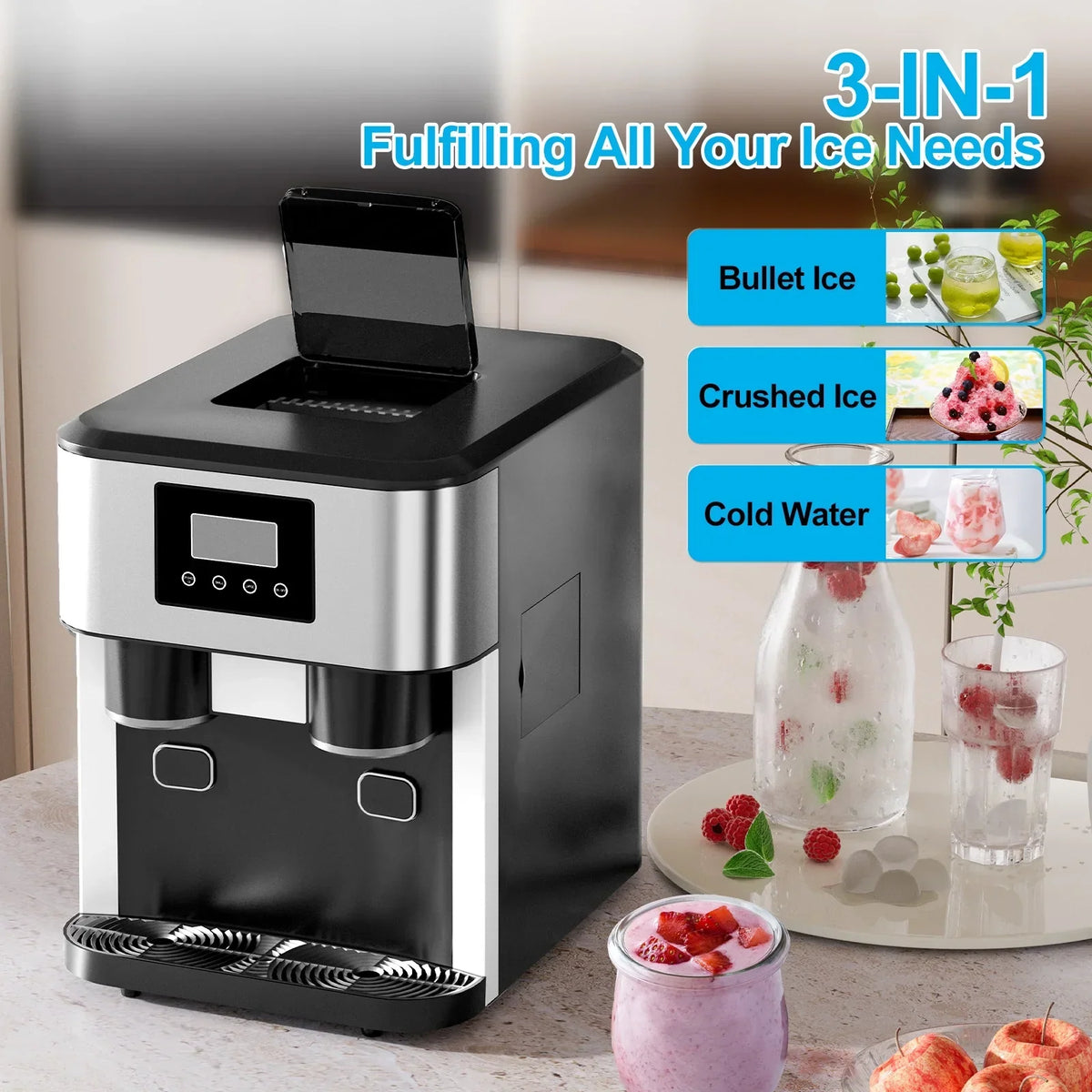 Nouveauté 2026 – Machine à glaçons TABU 3 en 1 avec distributeur d'eau, 18 kg/24 h, fonction glace pilée, autonettoyante, noire