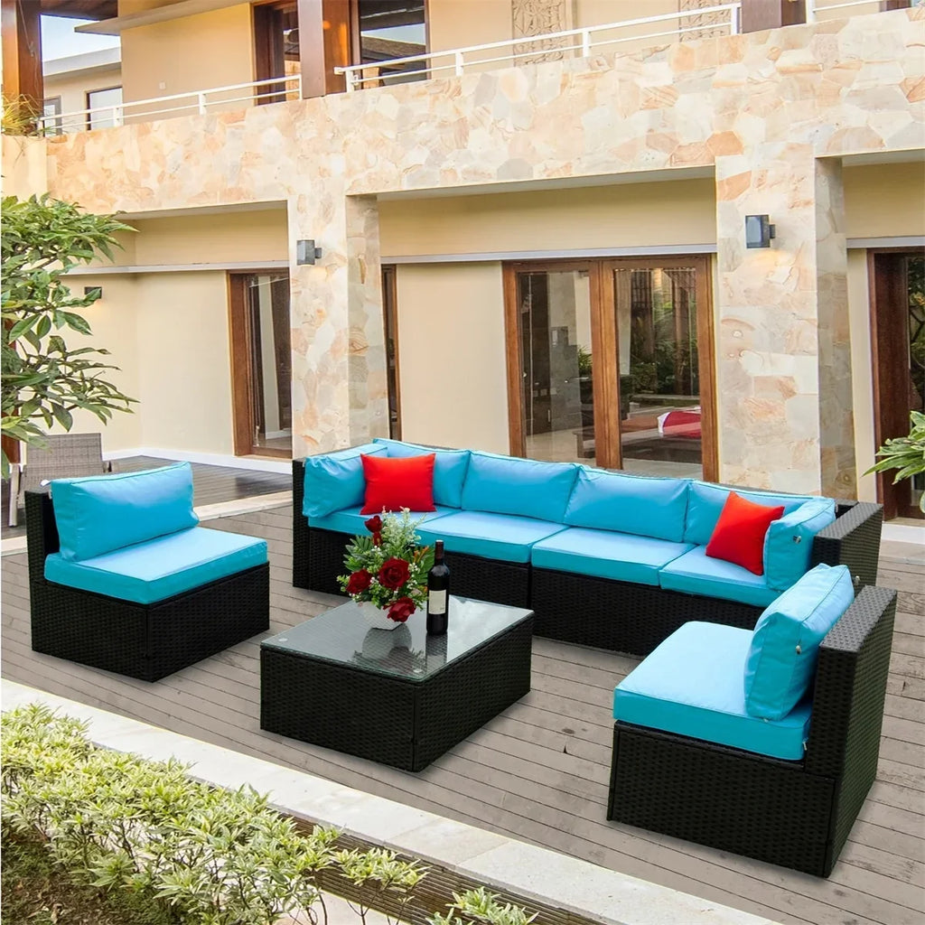 Nouveauté 2026 – Ensemble de mobilier de patio 7 pièces , canapé d'angle en rotin PE, ensemble de conversation avec coussins et table basse en verre, pour balcon, pelouse et jardin, gris