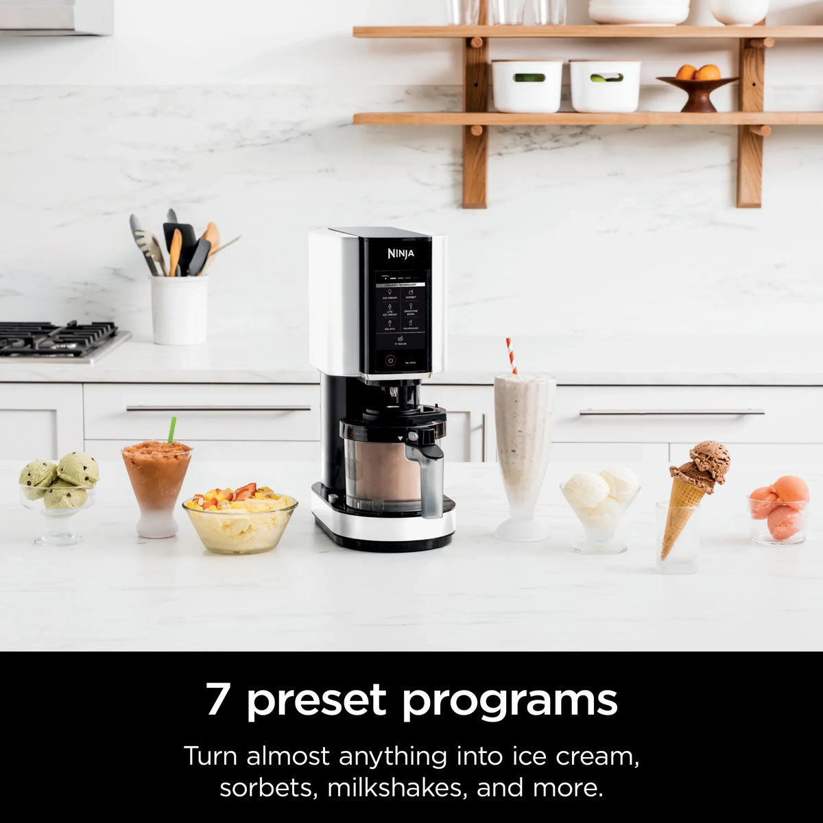 Nouveauté 2026 – Ninja. CREAMi., Sorbetière et machine à desserts glacés avec 7 programmes à une touche, NC300WMWH