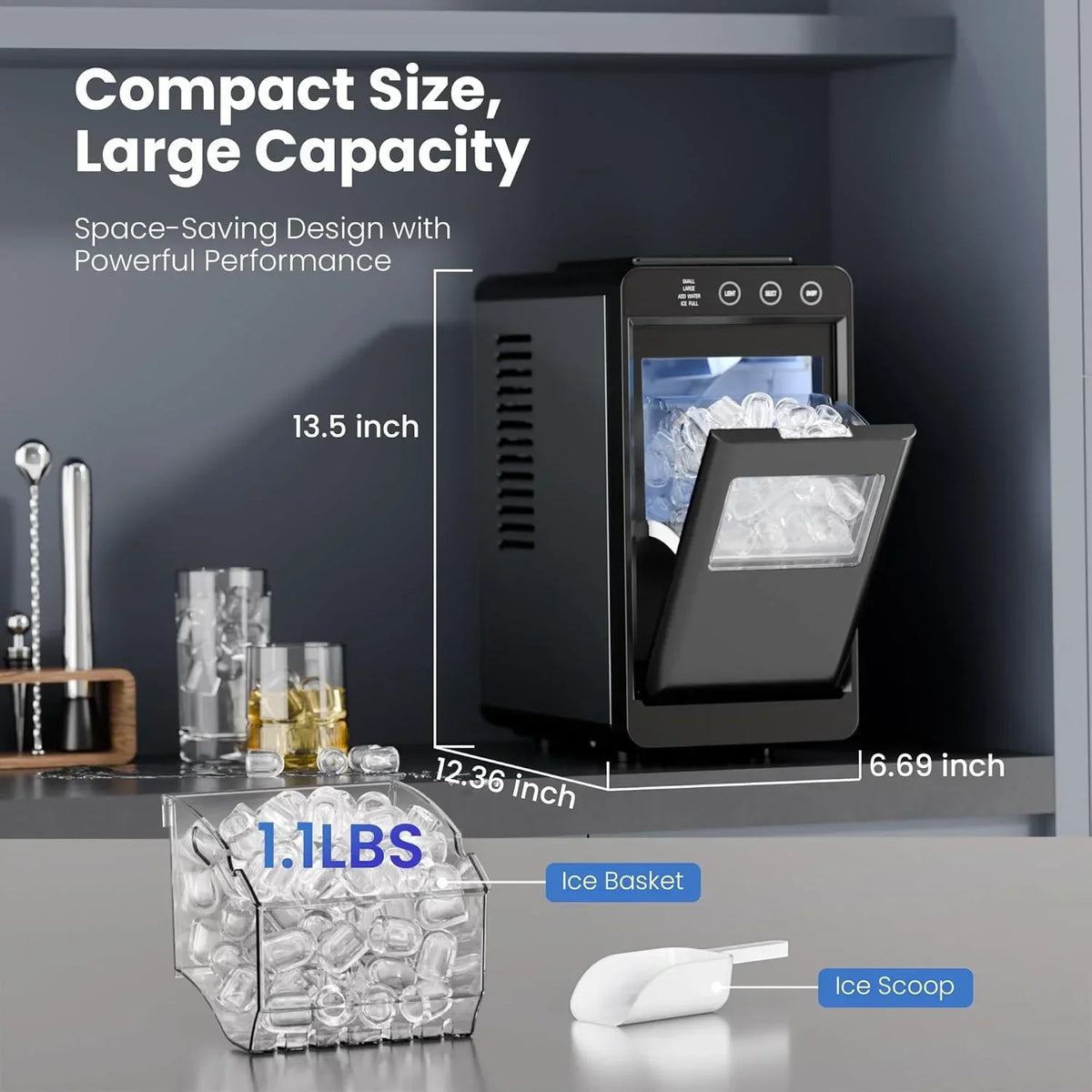 Nouveauté 2026 – Machine à glaçons de comptoir Moifoi , 12 kg/24 h, 8 glaçons en 6 min, portable, autonettoyante, éclairage intérieur, 2 tailles de glaçons, noire