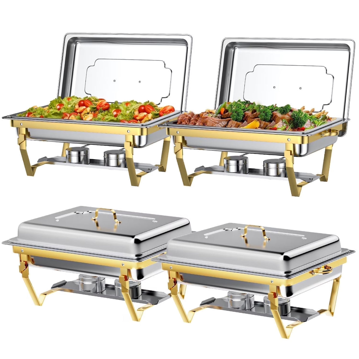 Nouveauté 2026 – Ensemble de 4 chafing dishes : Chafing dishes TINANA 8 QT en acier inoxydable pour buffet, chauffe-plats et réchauds pour fêtes, événements, mariages, camping, dîners - Or