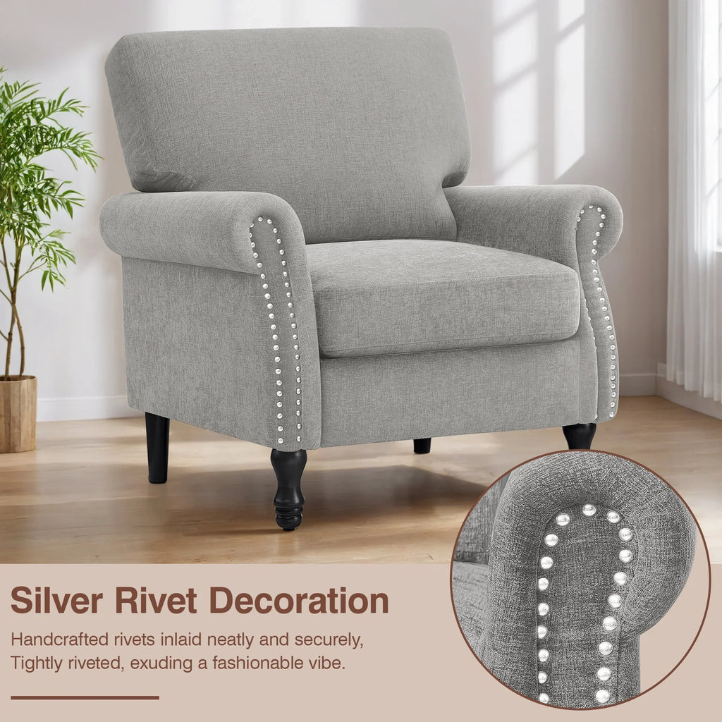 Nouveauté 2026 – Fauteuil d'appoint moderne COOLHUT , canapé une place confortable revêtu de tissu lin avec structure en bois massif, gris