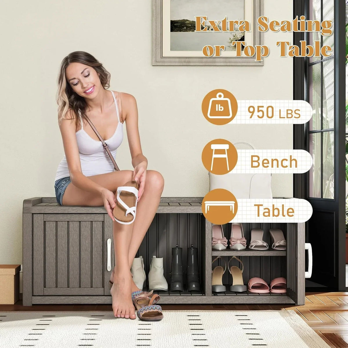 Nouveauté 2026 – Meuble de rangement à chaussures d'extérieur KAMABOKO , banc de rangement étanche et résistant aux UV pour entrée, intérieur et extérieur, avec 2 portes coulissantes de style grange et étagères réglables pour entrée, chambre, couloir