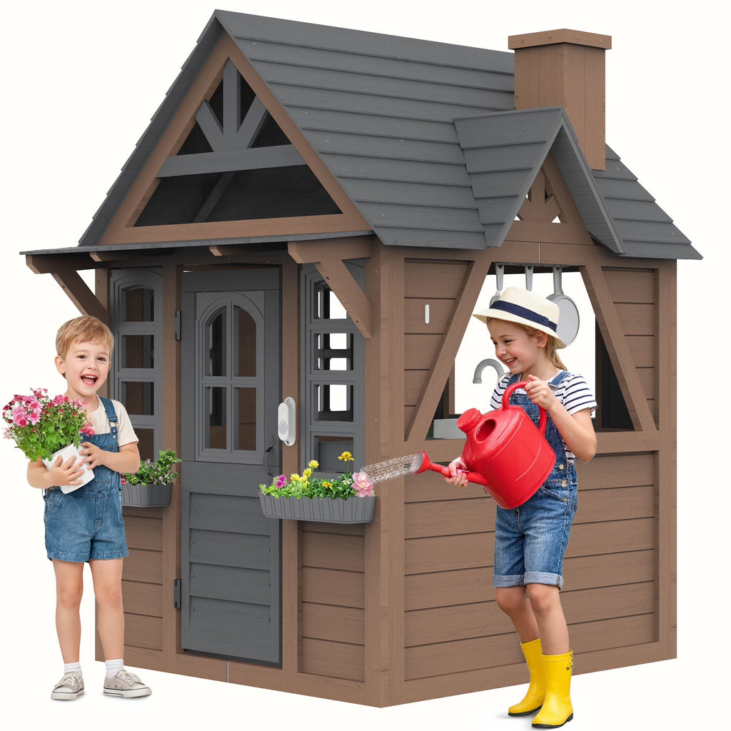 Nouveauté 2026 – Maisonnette d'extérieur COCLUB pour enfants de 4 à 8 ans, en bois, avec sonnette, téléphone et jouets de cuisine. Dimensions : 114 cm (L) x 165 cm (H). Couleurs : blanc et noir
