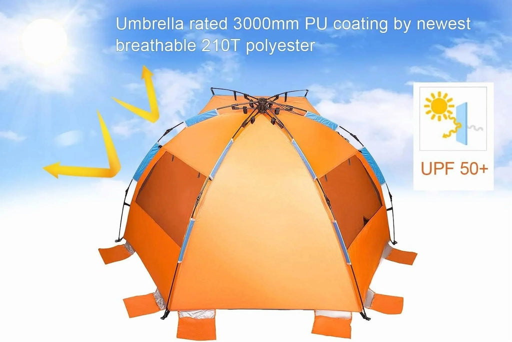 Nouveauté 2026 – Tente de plage 4 personnes X-Large - Abri solaire portable et instantané avec sac de transport, piquets, 6 poches à sable, protection UV, idéale pour la pêche, la randonnée et le camping. Imperméable et coupe-vent. Couleur orange