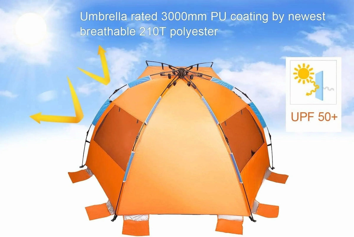 Nouveauté 2026 – Tente de plage 4 personnes X-Large - Abri solaire portable et instantané avec sac de transport, piquets, 6 poches à sable, protection UV, idéale pour la pêche, la randonnée et le camping. Imperméable et coupe-vent. Couleur orange