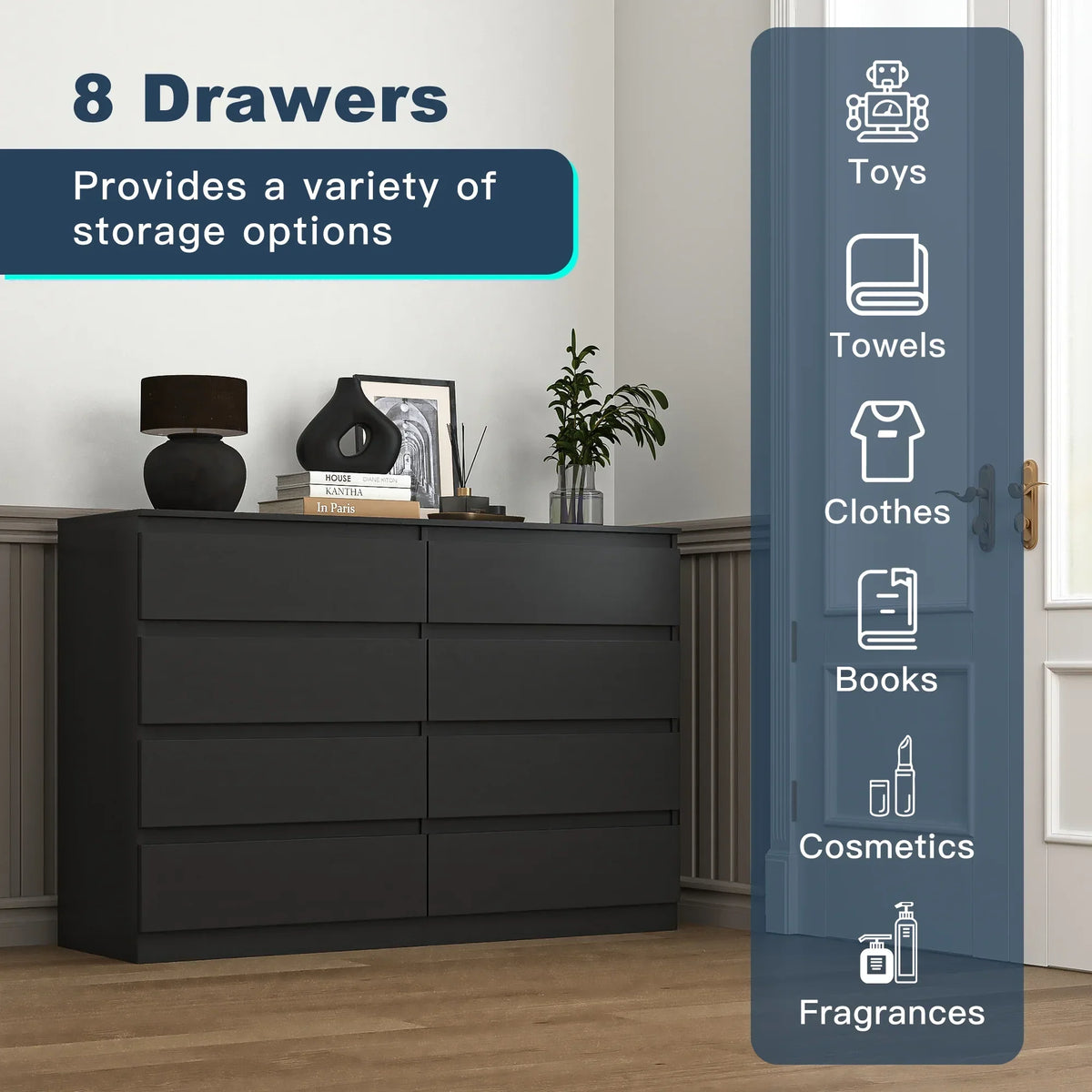 Nouveauté 2026 – Commode Resenkos moderne style milieu du siècle, 6 tiroirs, large, pour chambre à coucher, grise