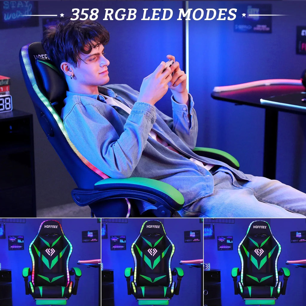 Nouveauté 2026 – Fauteuil de jeu Hoffree avec haut-parleurs intégrés, en cuir PU, repose-pieds et éclairage LED. Fauteuil ergonomique pour gamer avec massage, soutien lombaire et appui-tête pivotant et réglable. Idéal pour le télétravail et le bureau