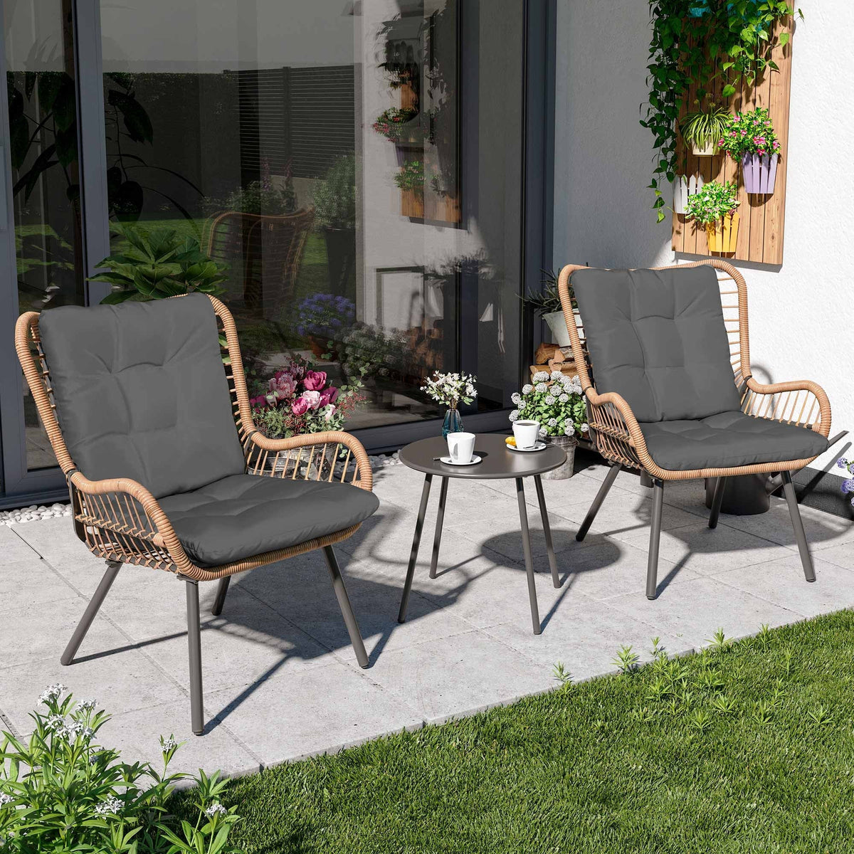 Nouveauté 2026 – Ensemble de mobilier de patio 3 pièces LAUSAINT HOME , comprenant un bistro d'extérieur à dossier haut, une table basse et des coussins beiges pour jardin ou terrasse