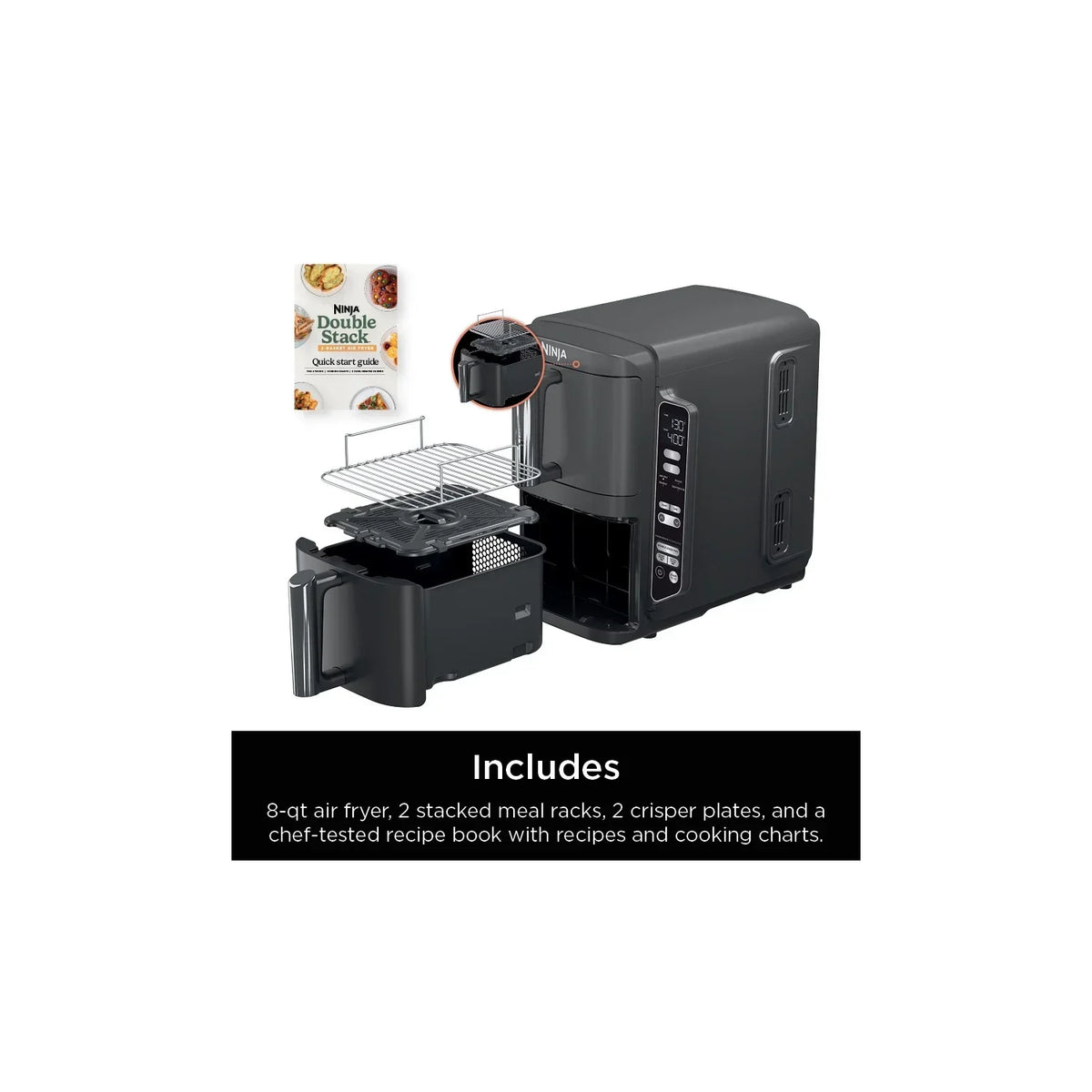 Nouveauté 2026 – Friteuse à air Ninja DoubleStack XL à 2 paniers, technologie DoubleStack permettant de cuire 4 aliments simultanément, conception compacte, 10 pintes, 4 en 1, Smart Finish & Match Cook, SL400