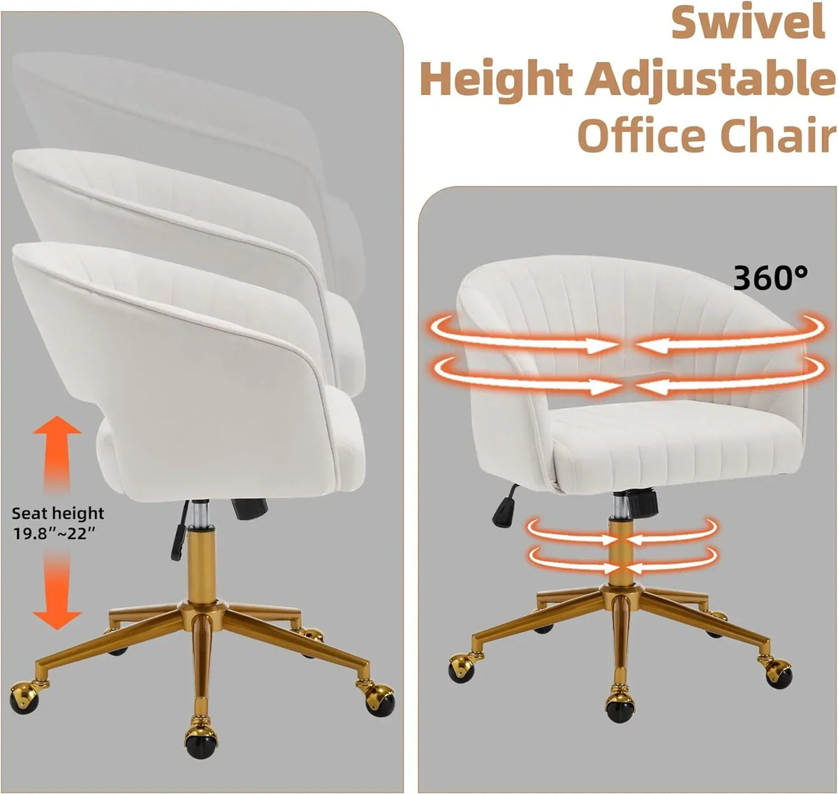 Nouveauté 2026 – Chaise de bureau Westice , chaise de travail en velours, chaise pivotante réglable en hauteur avec base dorée, idéale pour coiffeuse, bureau, salon ou salle informatique, beige