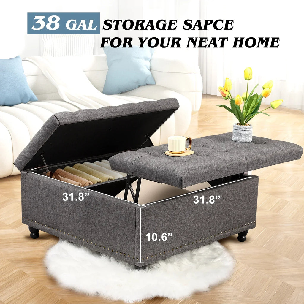 Nouveauté 2026 – Pouf de rangement carré Magic Union 35" , grand modèle, avec plateau relevable et revêtement capitonné, idéal pour le salon (beige