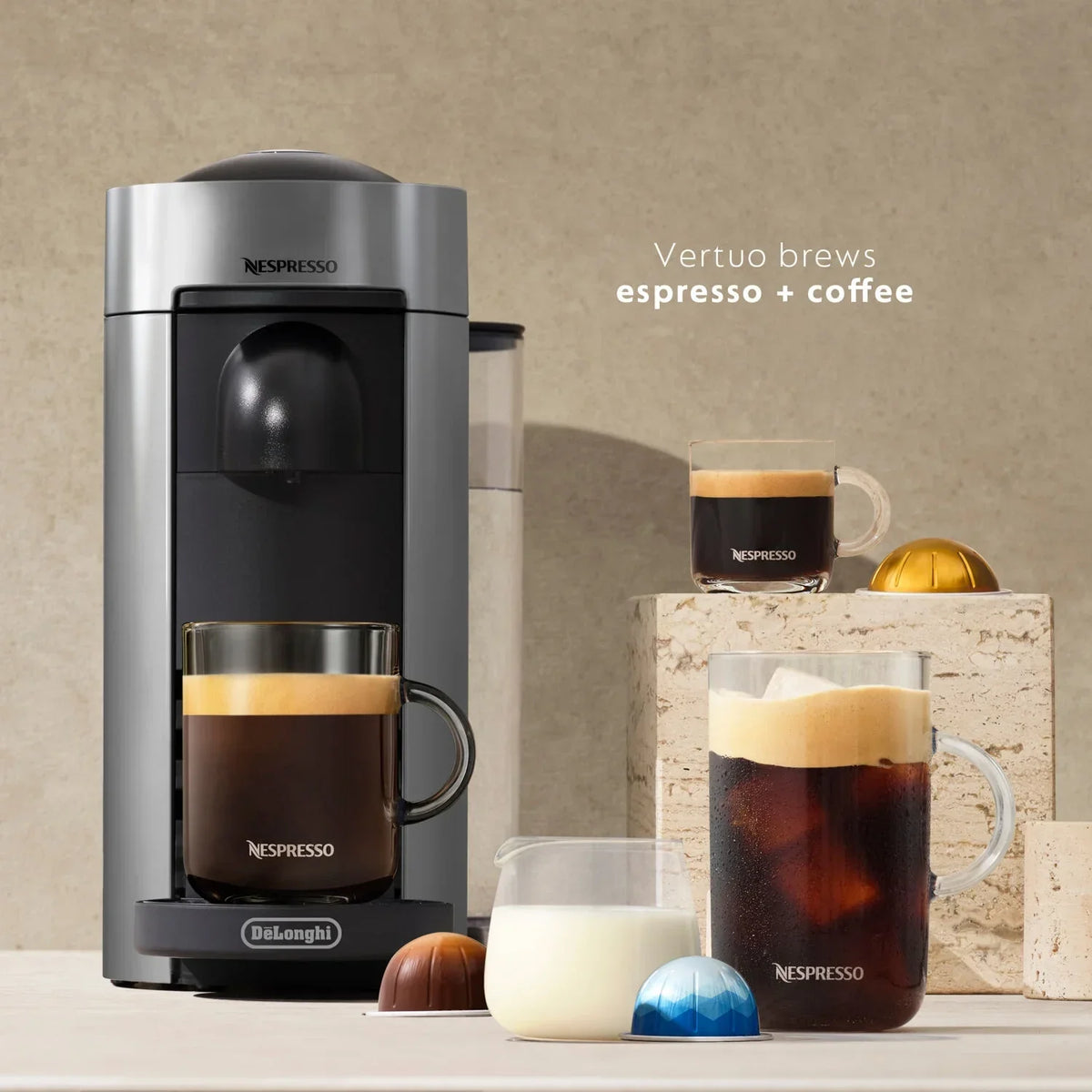 Nouveauté 2026 – Machine à café et expresso Nespresso Vertuo Plus de De'Longhi avec Aerocinno, grise, dosettes individuelles