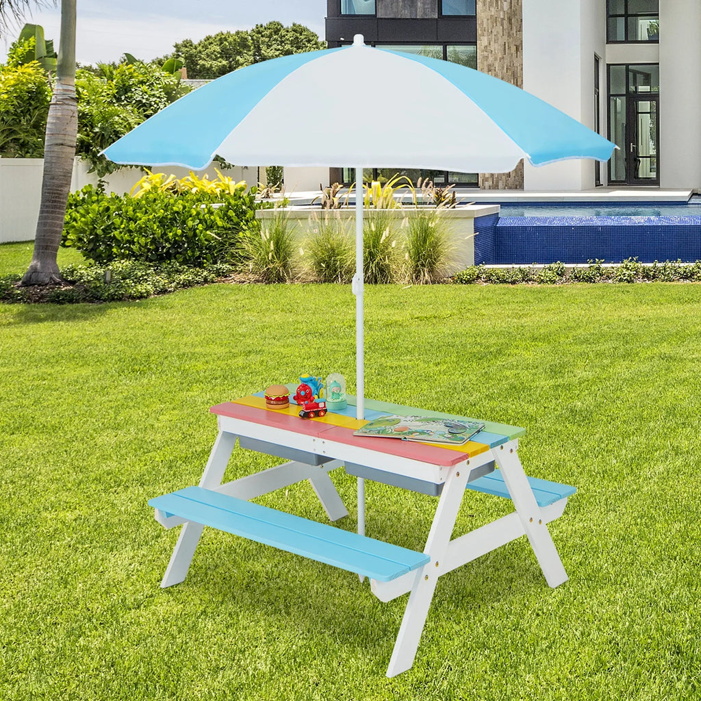 Nouveauté 2026 – Table de pique-nique 3 en 1 pour enfants Costway , en bois, avec bacs à sable et à eau, parasol et autres jeux, verte