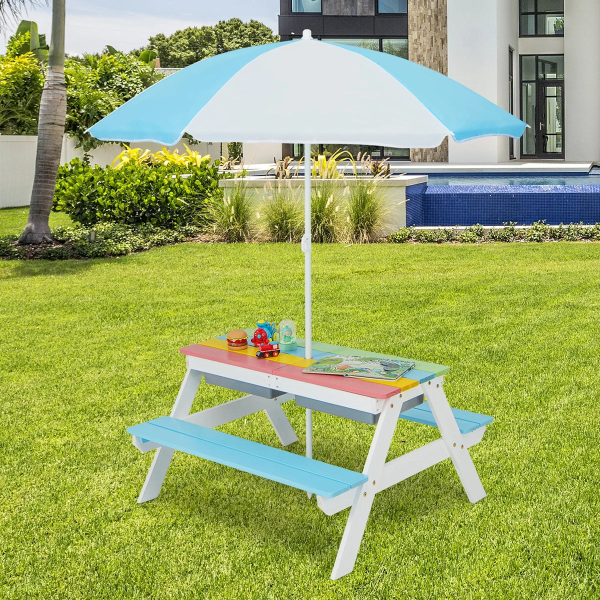 Nouveauté 2026 – Table de pique-nique 3 en 1 pour enfants Costway , en bois, avec bacs à sable et à eau, parasol et autres jeux, verte
