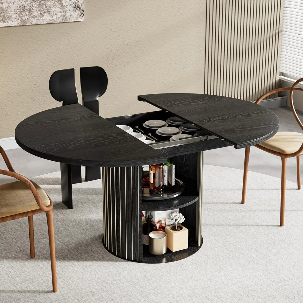 Nouveauté 2026 – Table de salle à manger extensible pour 4 à 6 personnes, table de cuisine ronde avec étagère de rangement, tables de salle à manger ovales pour salon (noyer