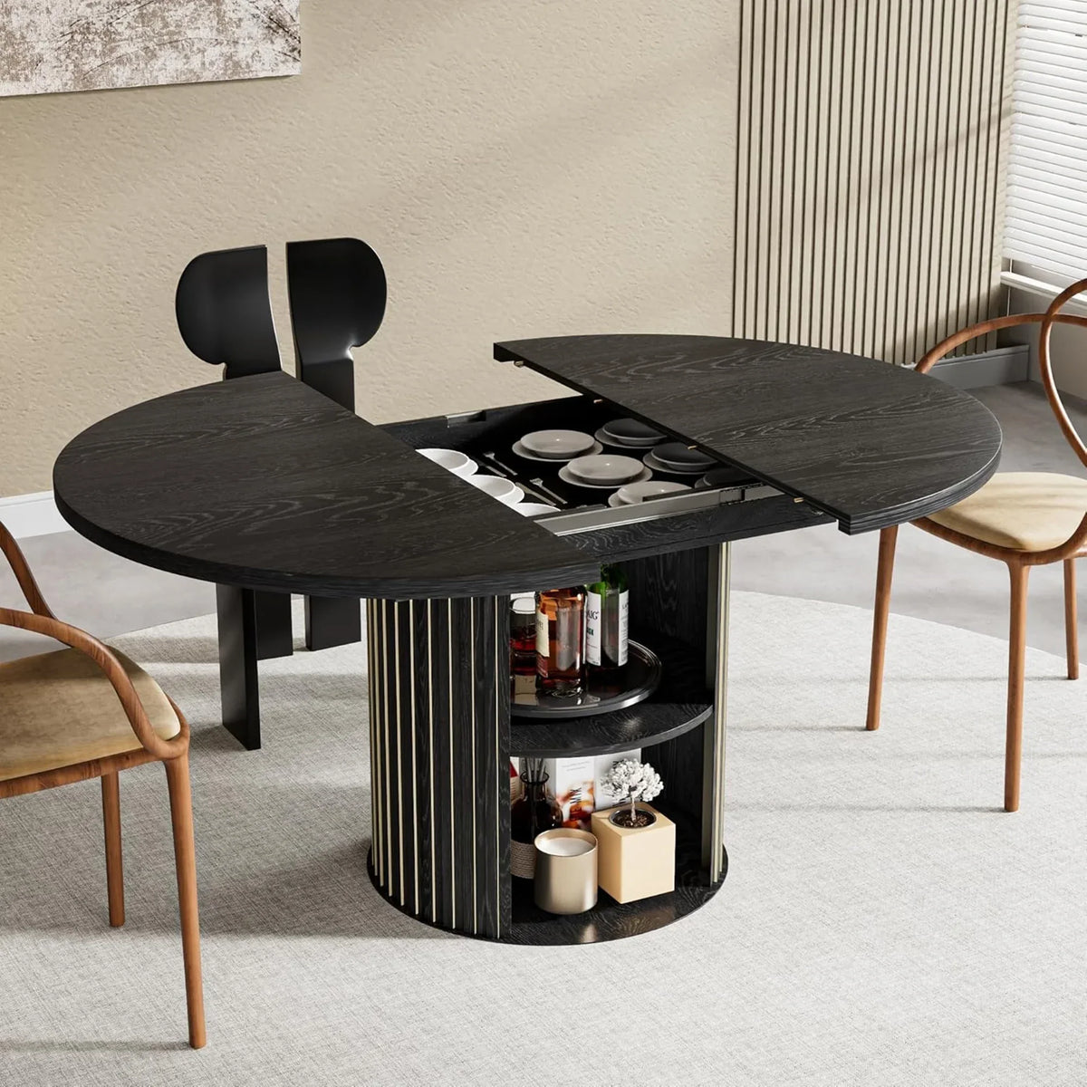 Nouveauté 2026 – Table de salle à manger extensible pour 4 à 6 personnes, table de cuisine ronde avec étagère de rangement, tables de salle à manger ovales pour salon (noyer