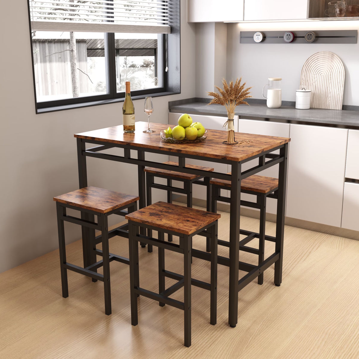 Nouveauté 2026 – Ensemble de table haute 5 places , table de bar et tabourets assortis, table à manger minimaliste avec tabourets sans dossier, ensemble table et chaises de bar avec plateau en bois pour cuisine, appartement ou bistrot - Gain de place
