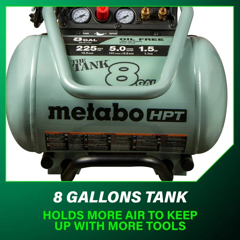 Nouveauté 2026 – Compresseur d'air Metabo HPT , modèle THE TANK, compresseur d'air sur chariot de 8 gallons (30 litres), 225 PSI (15,8 bar), polyvalent pour une utilisation avec des cloueuses de charpente, de bardage, de finition ou de toiture, mobil