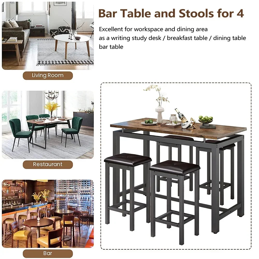 Nouveauté 2026 – Ensemble de table haute 5 places , table de bar et tabourets assortis, table à manger minimaliste avec tabourets sans dossier, ensemble table et chaises de bar avec plateau en bois pour cuisine, appartement ou bistrot - Gain de place
