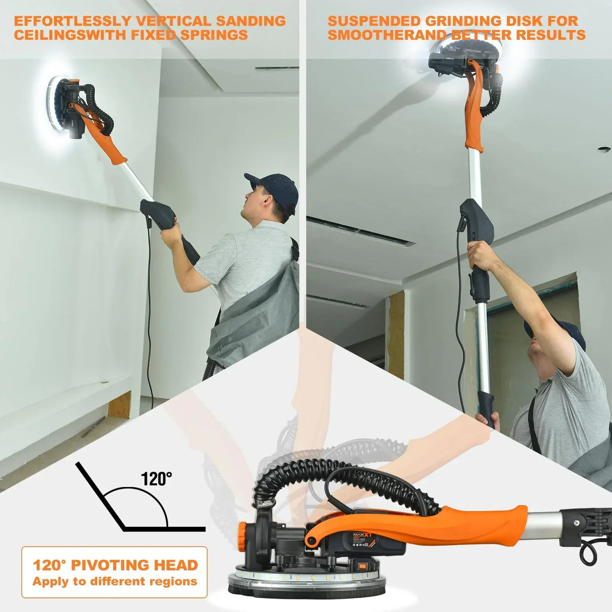 Nouveauté 2026 – Ponceuse électrique pour cloisons sèches POVANLI 780 W avec aspiration des poussières, moteur 6,5 A, vitesse variable (900-1800 tr/min), éclairage LED, poignée extensible et pliable, jaune et noir
