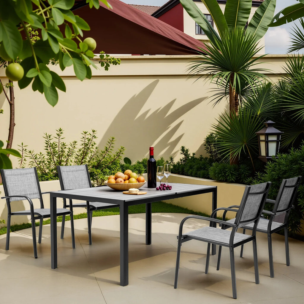 Nouveauté 2026 – Ensemble de salle à manger d'extérieur 7 pièces , comprenant une table et des chaises pour 6 personnes, un plateau en plastique imitation bois et un mobilier de jardin en textilène. Idéal pour terrasse ou patio