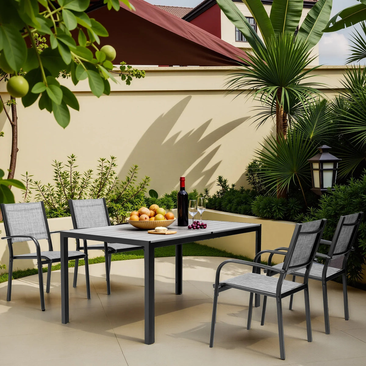 Nouveauté 2026 – Ensemble de salle à manger d'extérieur 7 pièces , comprenant une table et des chaises pour 6 personnes, un plateau en plastique imitation bois et un mobilier de jardin en textilène. Idéal pour terrasse ou patio