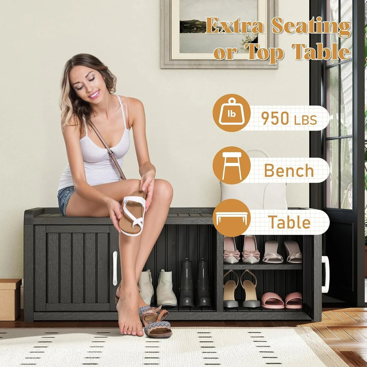Nouveauté 2026 – Meuble de rangement à chaussures d'extérieur KAMABOKO , banc de rangement étanche et résistant aux UV pour entrée, intérieur et extérieur, avec 2 portes coulissantes de style grange et étagères réglables pour entrée, chambre, couloir