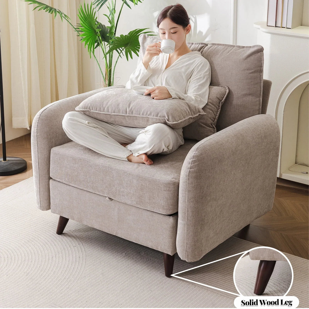 Nouveauté 2026 – Fauteuil d'appoint surdimensionné Rexulqo avec rangement intégré, confortable pour le salon, livré avec 2 coussins décoratifs, fauteuil rembourré style milieu du siècle, assise profonde de 62 cm, fauteuil de lecture pour chambre ou b