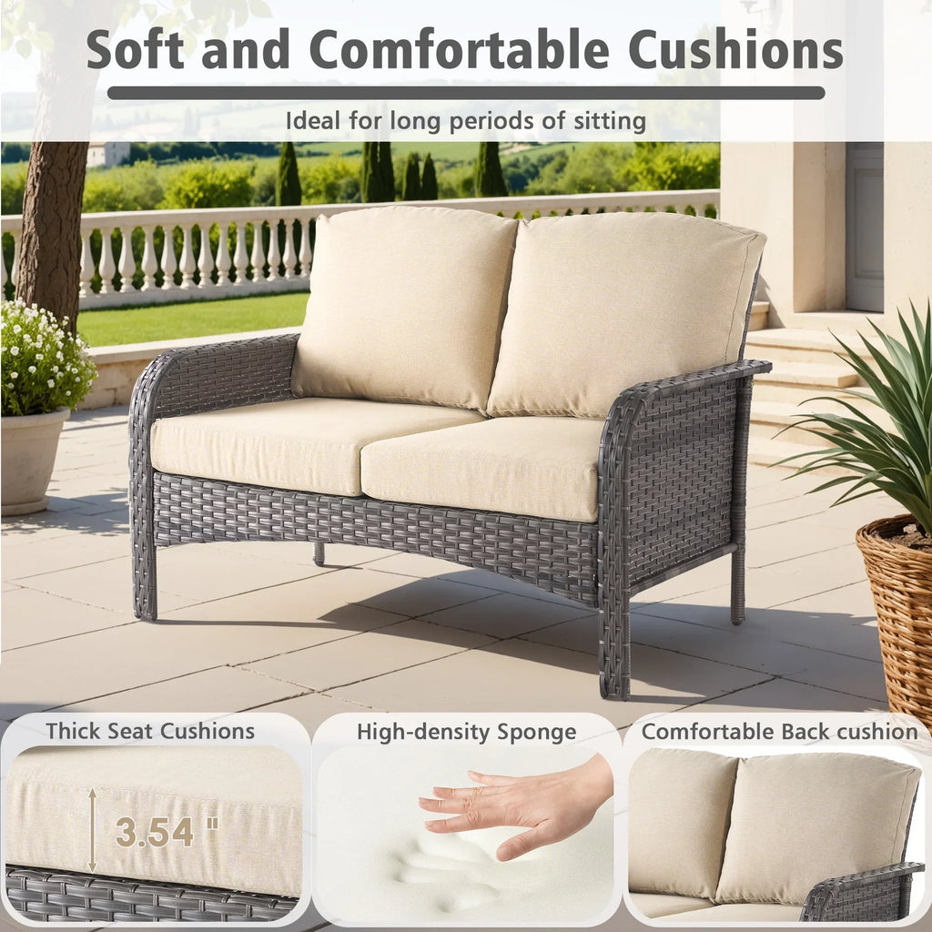 Nouveauté 2026 – Ensemble de mobilier de jardin 5 pièces Ovios , comprenant fauteuils pivotants et table basse, en résine tressée résistante aux intempéries, gris foncé
