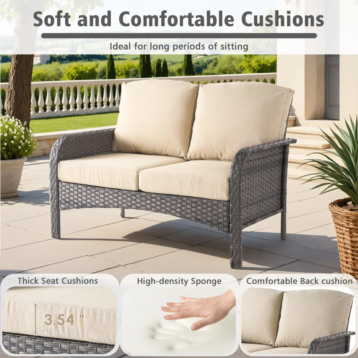 Nouveauté 2026 – Ensemble de mobilier de jardin 5 pièces Ovios , comprenant fauteuils pivotants et table basse, en résine tressée résistante aux intempéries, gris foncé