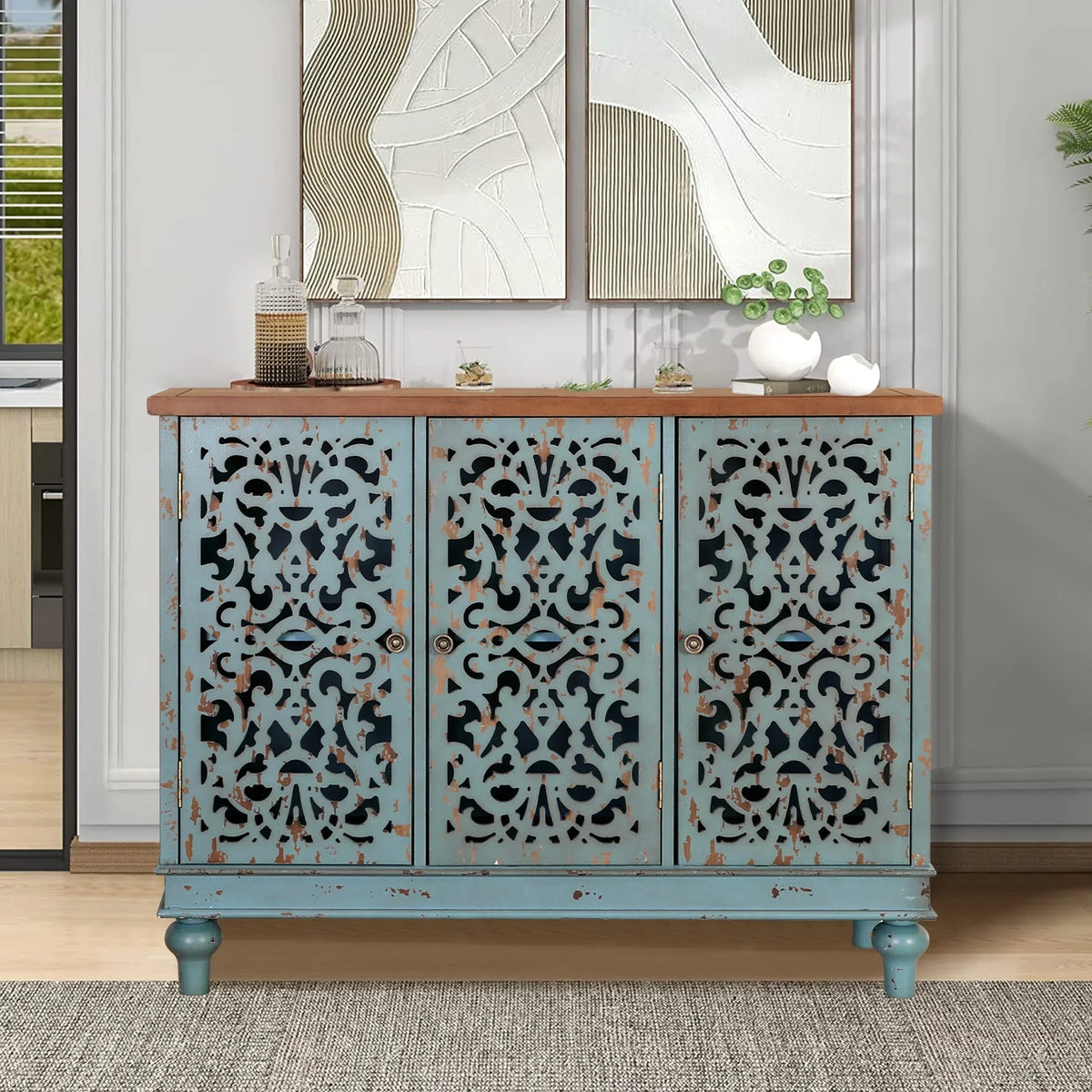 Nouveauté 2026 – Crédences et buffets sculptés creux Sophia & William , bois bleu, 2 étagères