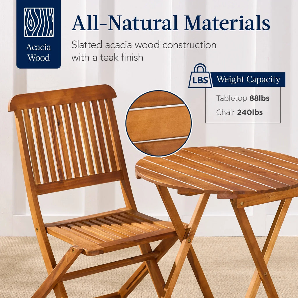 Nouveauté 2026 – Ensemble bistro 3 pièces en bois d'acacia Best Choice Products , mobilier de patio pliant avec 2 chaises et une table - Naturel