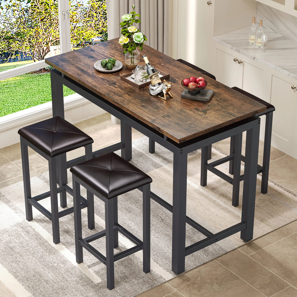 Nouveauté 2026 – Ensemble de table haute 5 places , table de bar et tabourets assortis, table à manger minimaliste avec tabourets sans dossier, ensemble table et chaises de bar avec plateau en bois pour cuisine, appartement ou bistrot - Gain de place