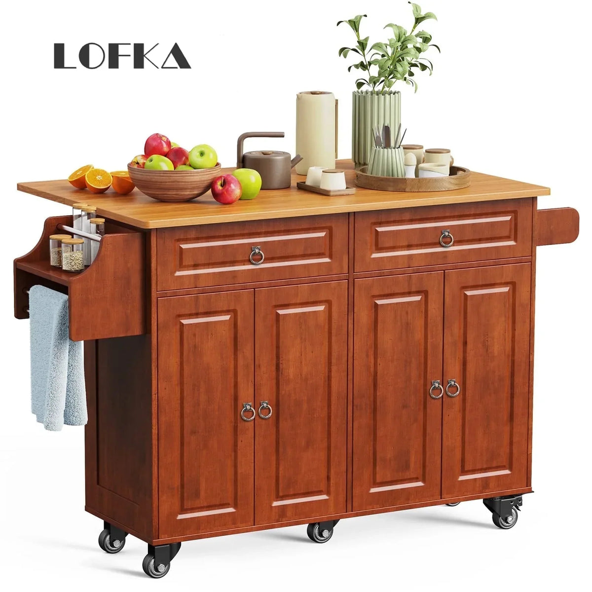Nouveauté 2026 – Îlot de cuisine Lofka 52 pouces (132 cm) avec rangement sur roulettes et abattant en bois, idéal pour les petites cuisines