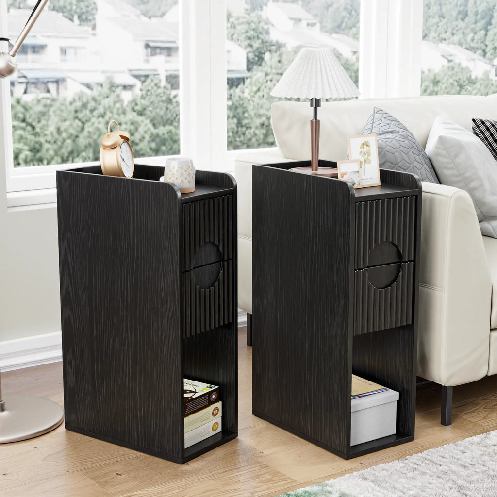 Nouveauté 2026 – Ensemble de 2 tables de chevet étroites Narrow avec tiroirs, table d'appoint fine cannelée avec rangement pour petits espaces