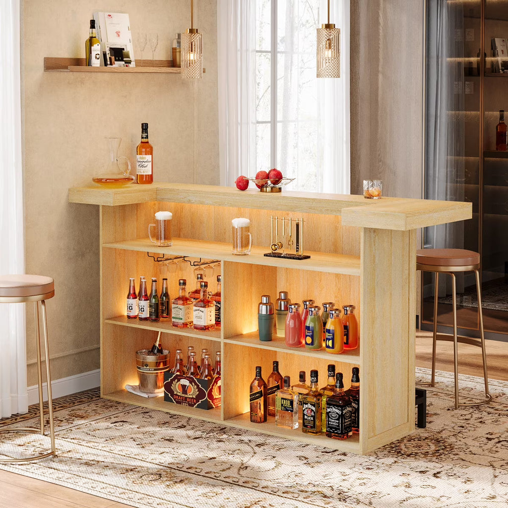 Nouveauté 2026 – Table de bar à 4 niveaux Tribesigns , grand meuble bar de 180 cm avec porte-verres à vin et repose-pieds noir, pour cuisine, salle à manger, salon, pub, marron rustique