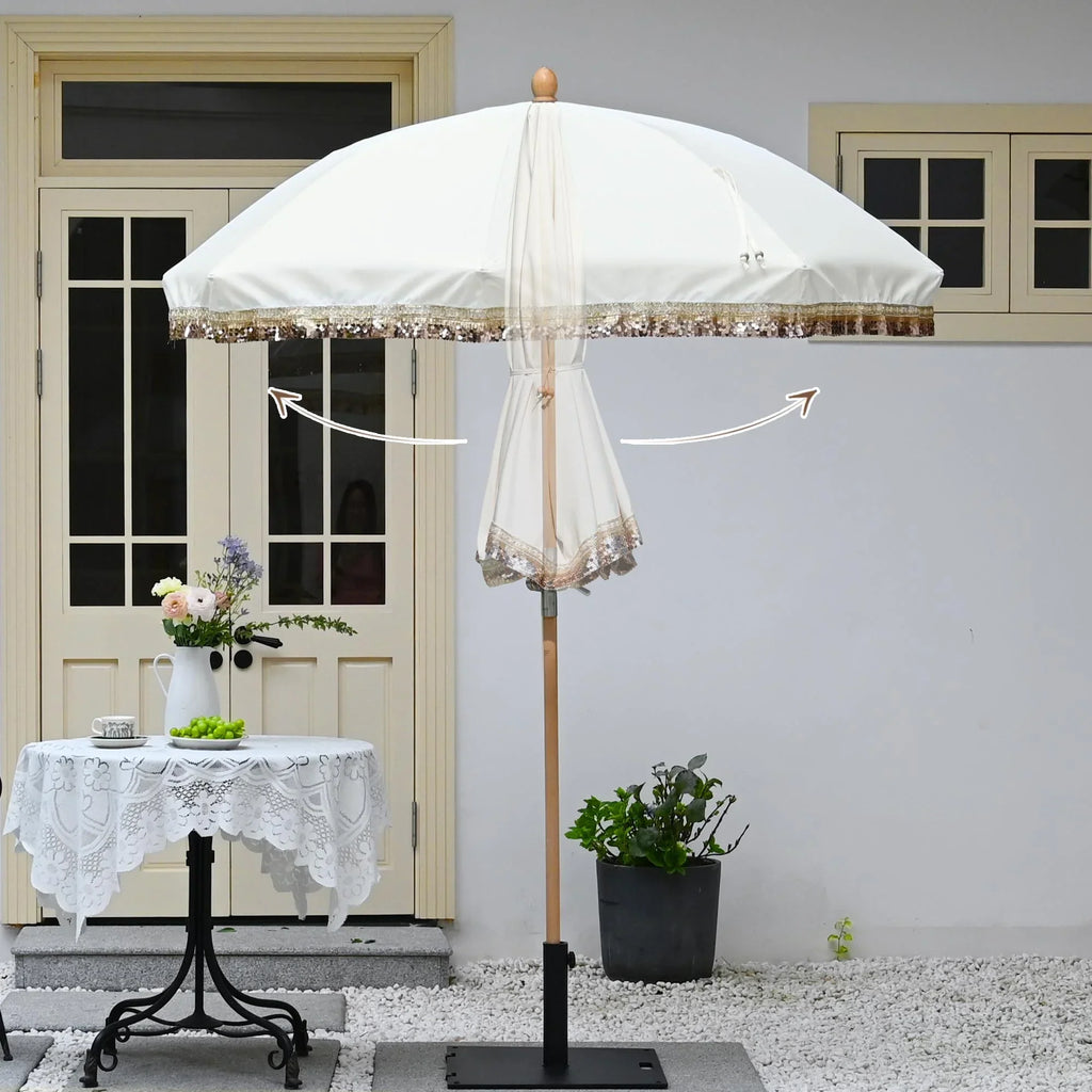 Nouveauté 2026 – Parasol de terrasse LAGarden de 1,8 m à franges et pompon, style Jazz Age, en bois, protection UPF50+, beige avec pompon doré, modèle : JZ6-01